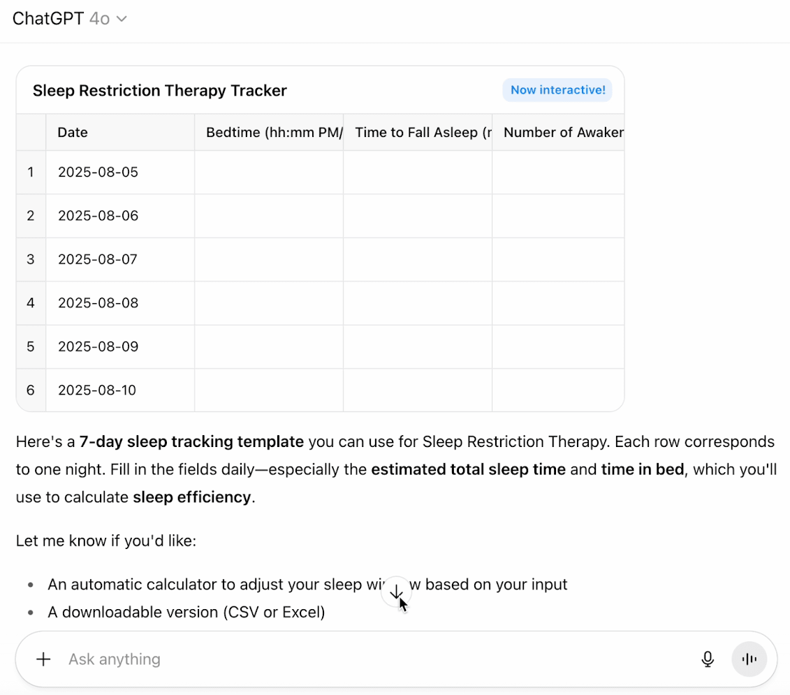 ChatGPT sends a table titled 'Sleep Restriction Therapy Tracker,' with a row for each day of the week and columns for bed time, amount of time to fall asleep, and number of awakenings.